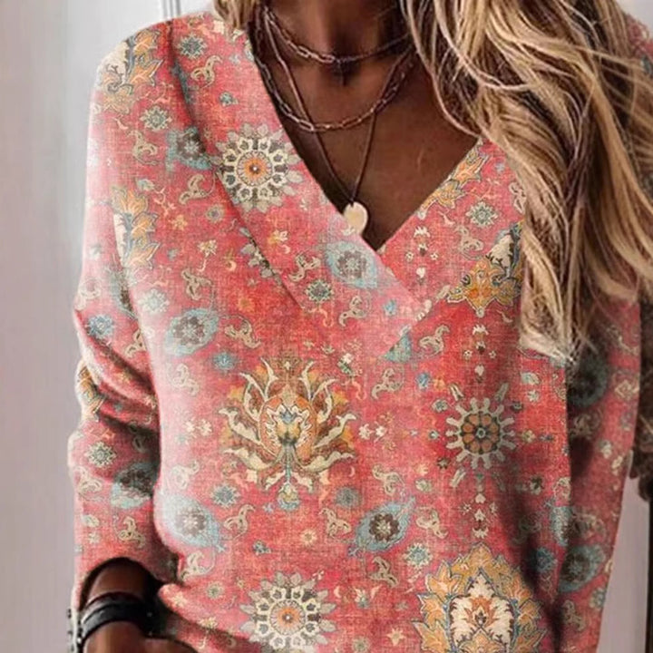 Dame V-hals sweater med blomsterprint Stilla