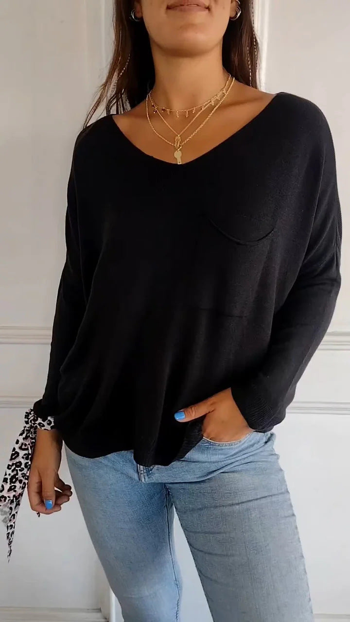 Stilla | Casual Ensfarvet Kvinder Rund Hals Lomme Langærmet T-shirt