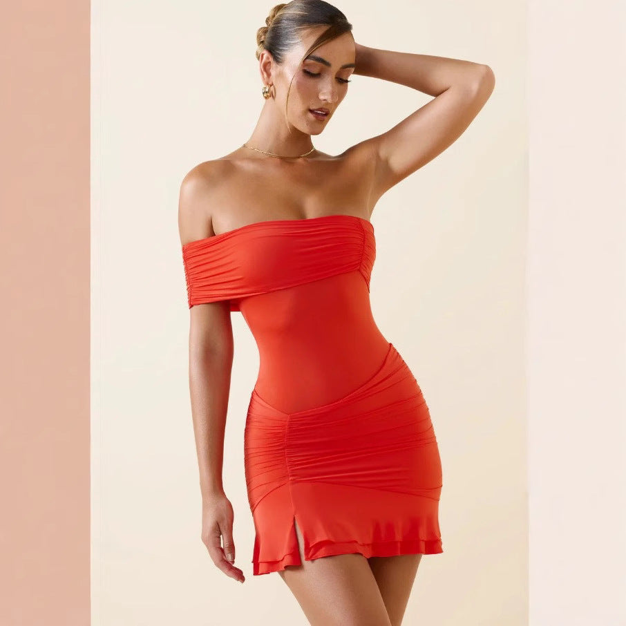 Dame Off-Shoulder Minikjole med drapering og sidelængde slids Stilla