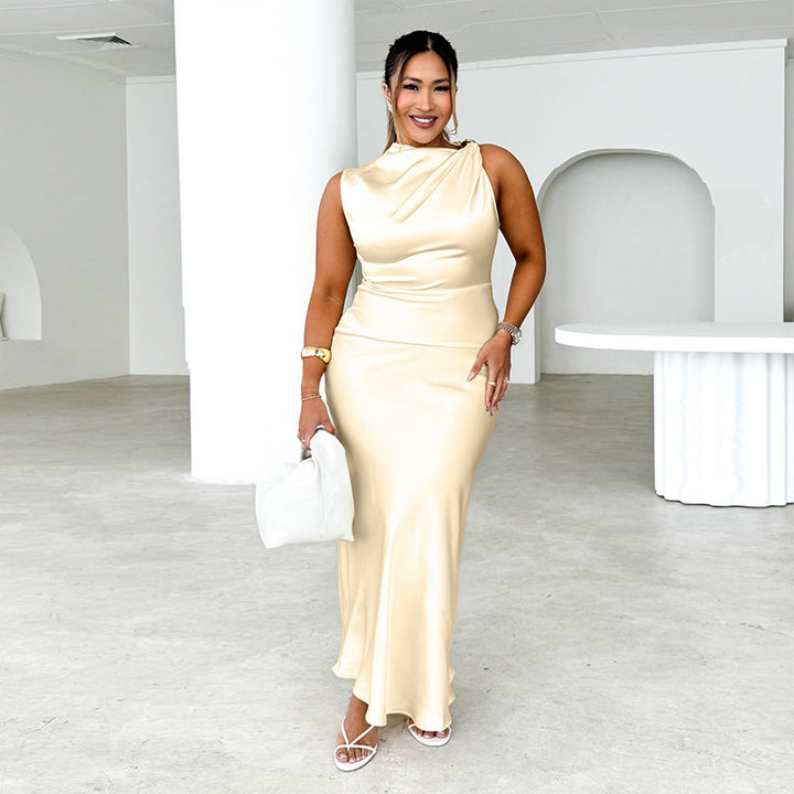 Dame Elegant Bodycon-maxikjole med asymmetrisk udskæring og satinlignende finish Stilla