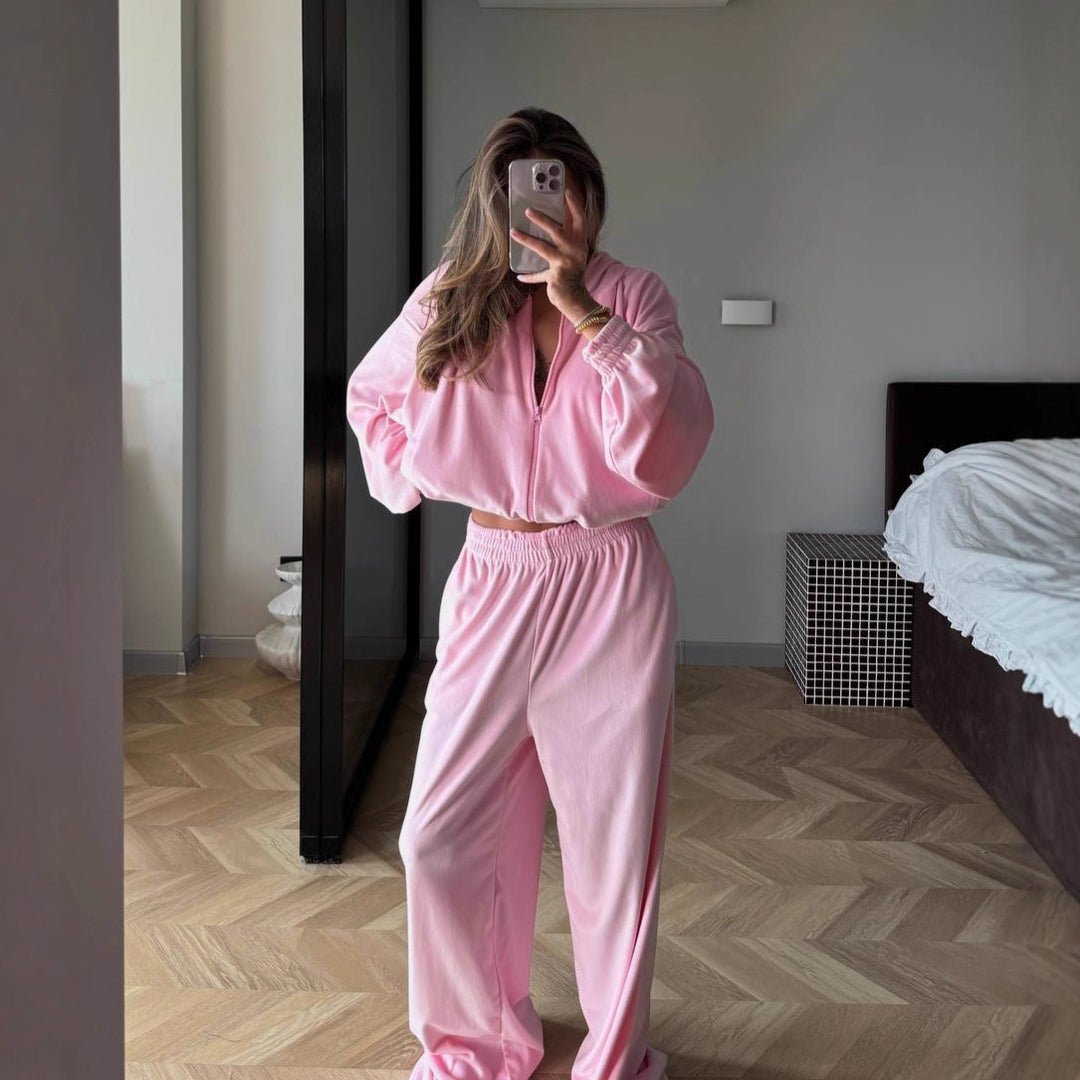 Kvinders fleece loungewear sæt med moderne lynlås og løs pasform