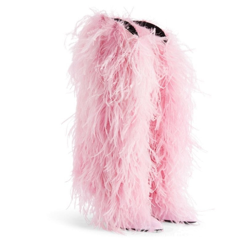 Femme Feder-detalje Over-knæ Stiletto Støvler Stilla