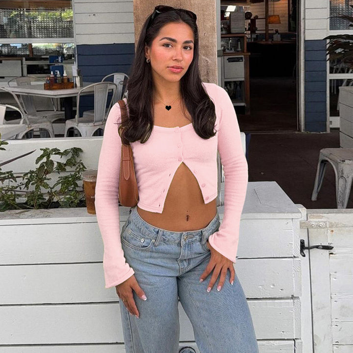 Dame Langærmet Crop-Top med raffineret knaplukning Skovae
