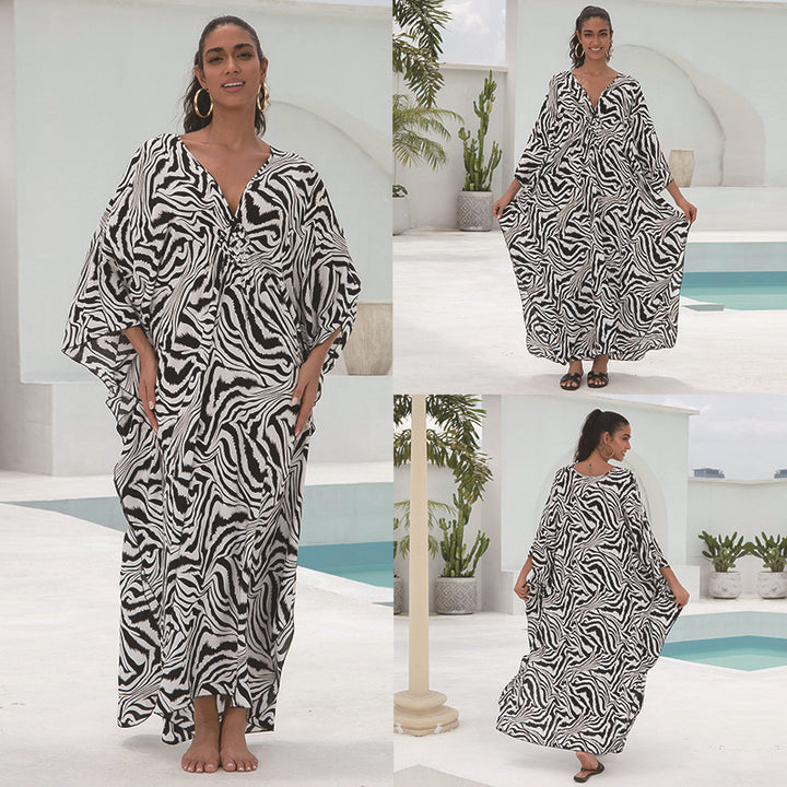Dame Kaftan Kjole med elegant V-hals og vidt svajende ærmer Stilla