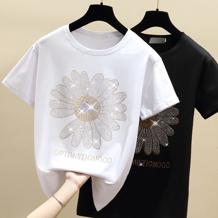 Dame T-shirt med kreativ glimmer-blomstermotiv og inspirerende tekst Stilla