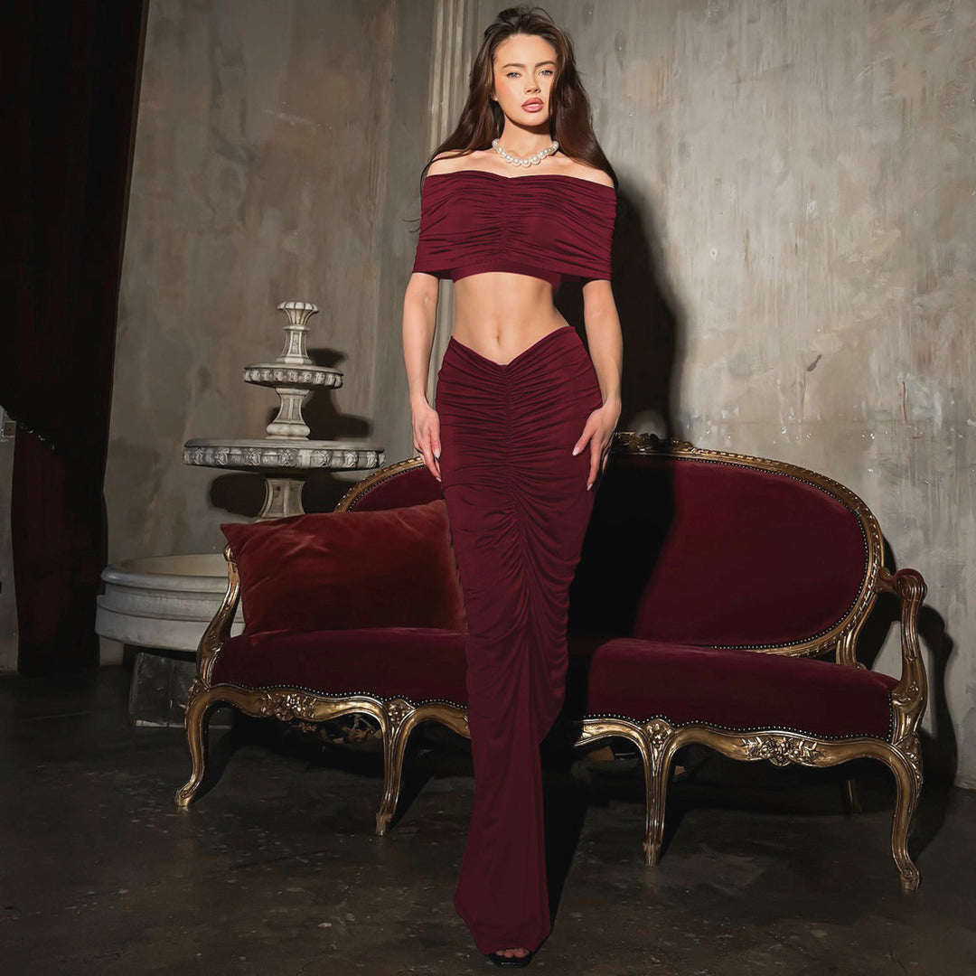 Dame Elegante Crop-Top og Maxi-Nederdel Ensemble med Rynkeeffekter Stilla