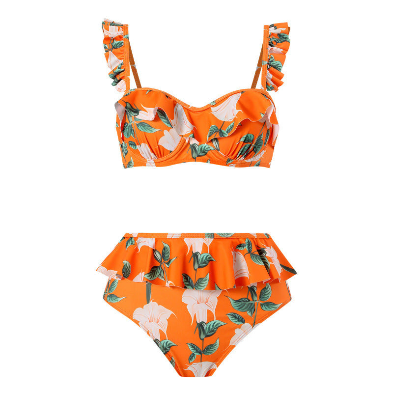 Dame bikini-sæt med blomster-rüschdesign og elegant indpakningsskørt Skovae