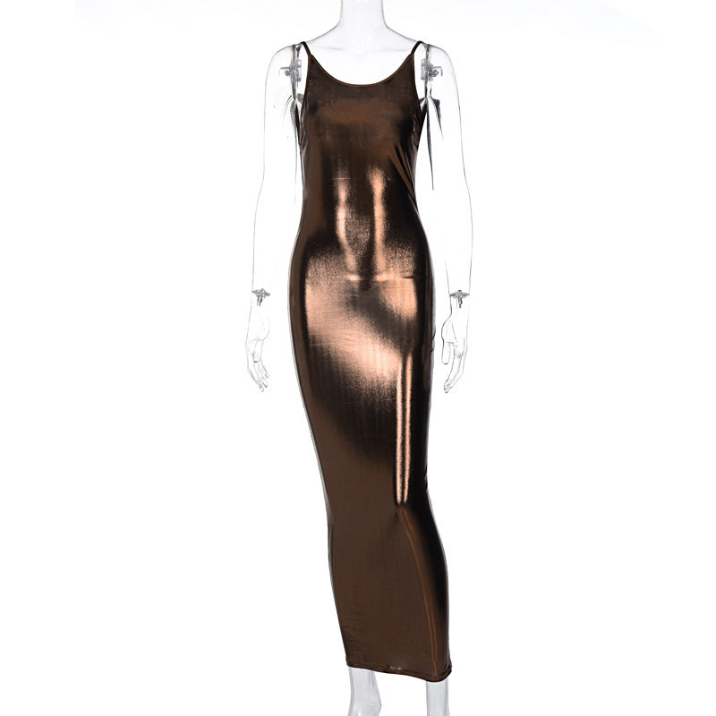 Dame Elegant Maxikjole i glinsende stretchmateriale med spaghetti stropper Stilla