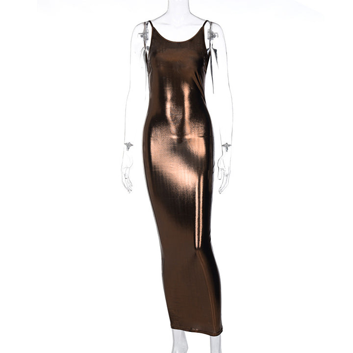 Dame Elegant Maxikjole i glinsende stretchmateriale med spaghetti stropper Stilla