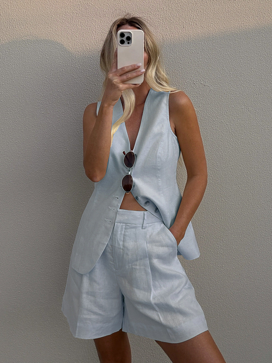 Femme Figursyet Linned blazer og shorts-sæt Stilla
