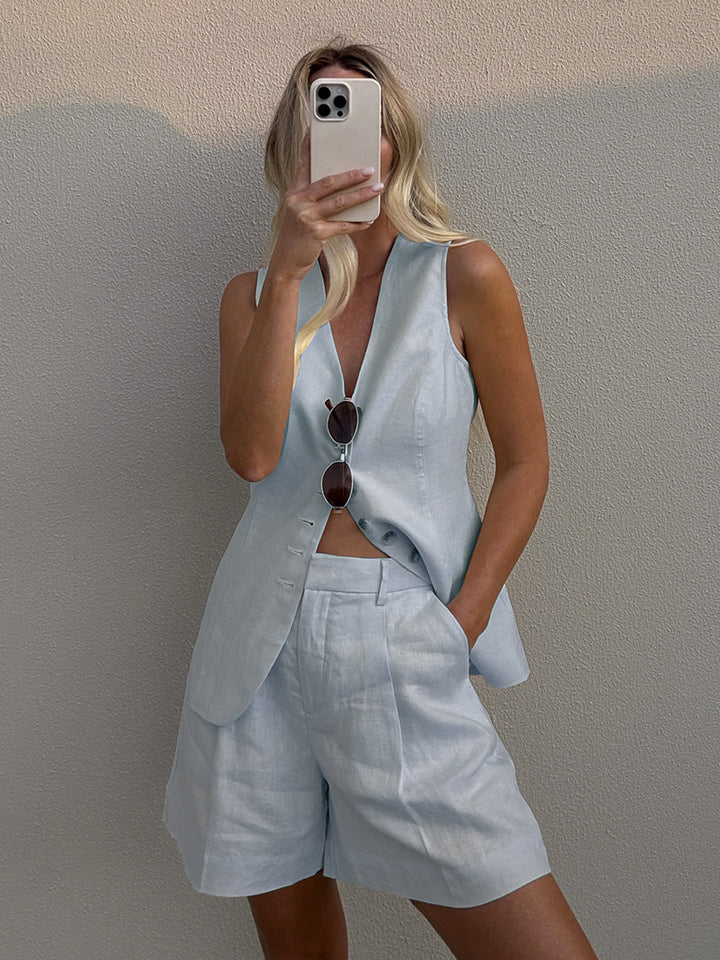 Femme Figursyet Linned blazer og shorts-sæt Stilla