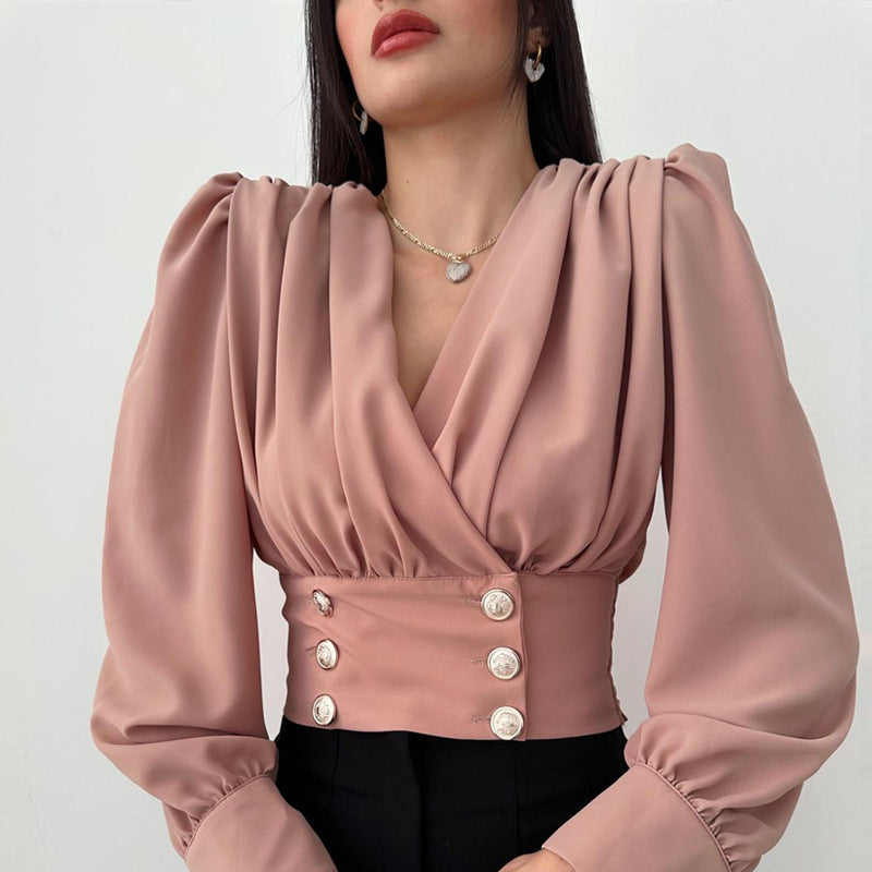 Dame Elegant Bluse med Puffærmer og Knapdetaljer Stilla