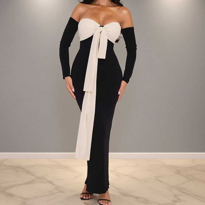 Damer Elegant Off-Shoulder Maxikjole med dekorativ knude og lange ærmer Skovae