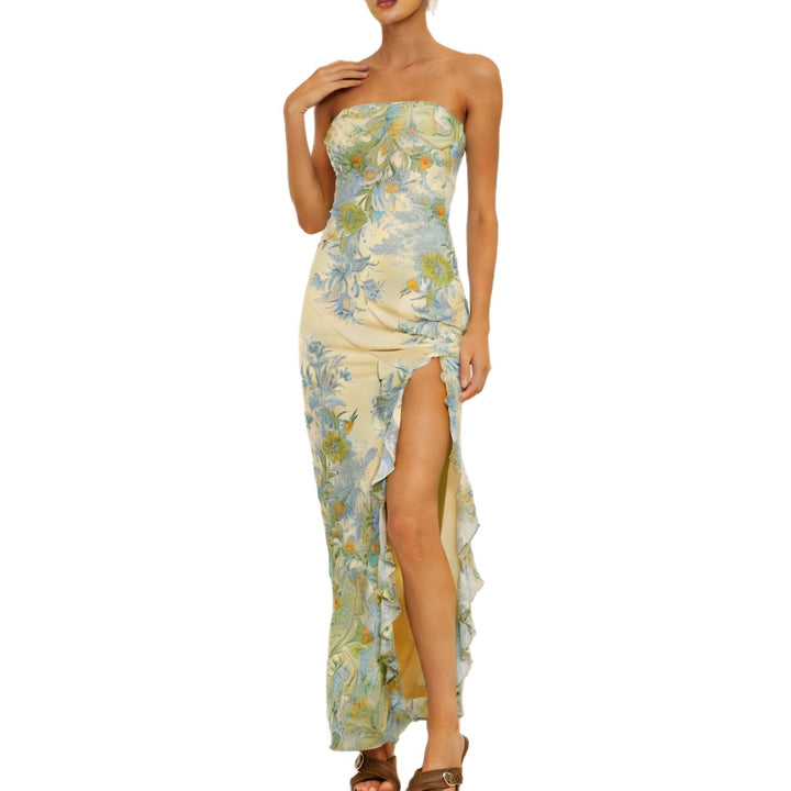 Dame Strapless Maxikjole med flæser og blomstermønster Skovae