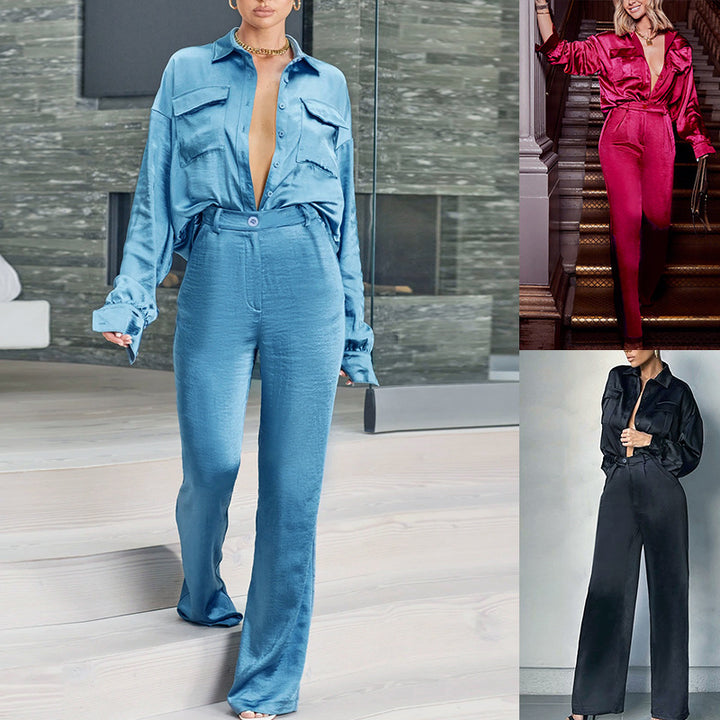 Dame Elegant Satin-kombination outfit med bred pasform og stilfulde knapdetaljer Stilla
