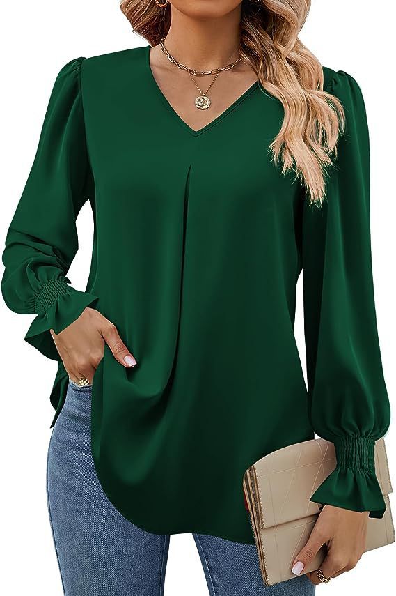 Dame Elegant Bluse med V-udskæring og Pufærmer Stilla