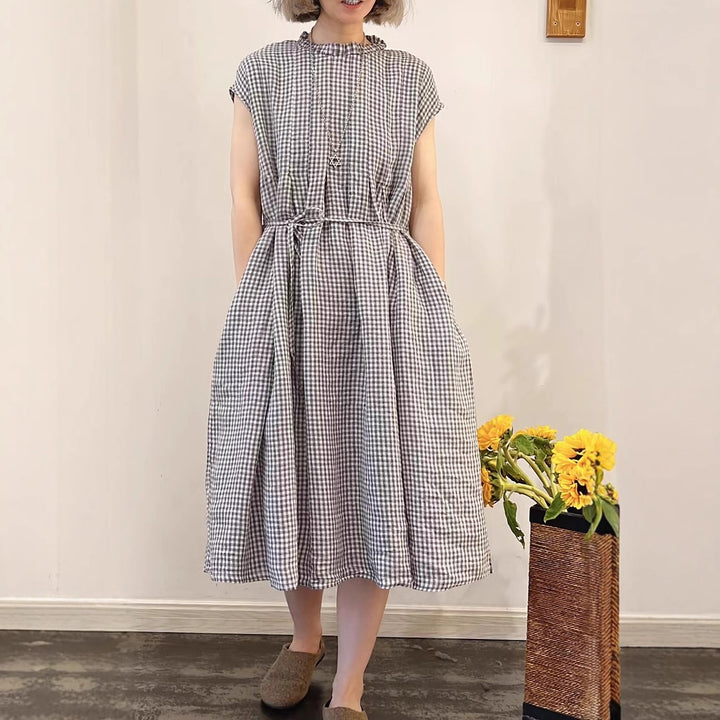 Femme Gingham Check Midi Kjole med Flæsekant Stilla