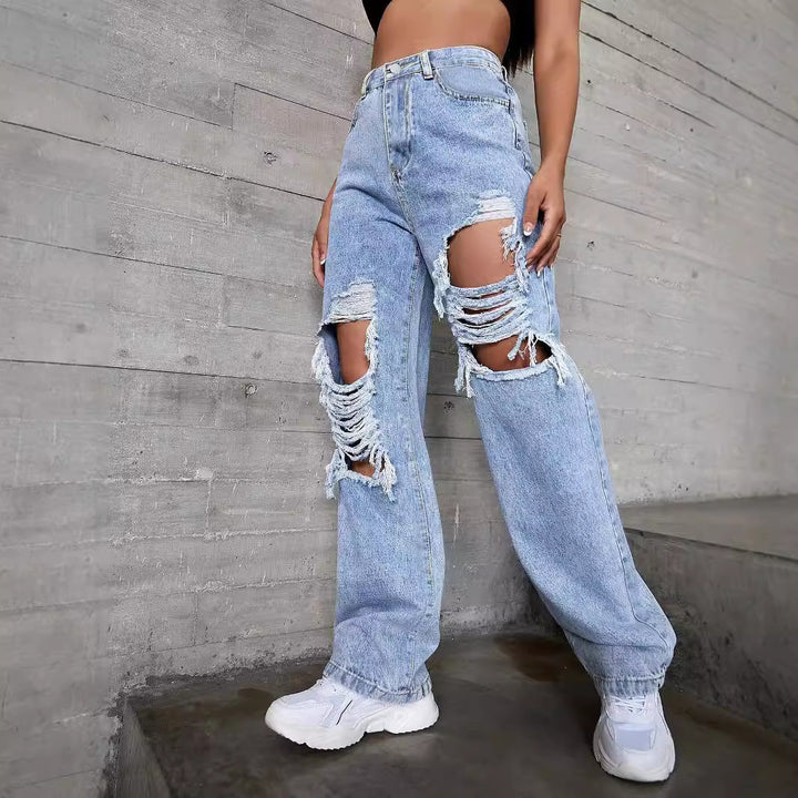 Dame brede jeans med moderne destroyed-detaljer og høj talje Stilla