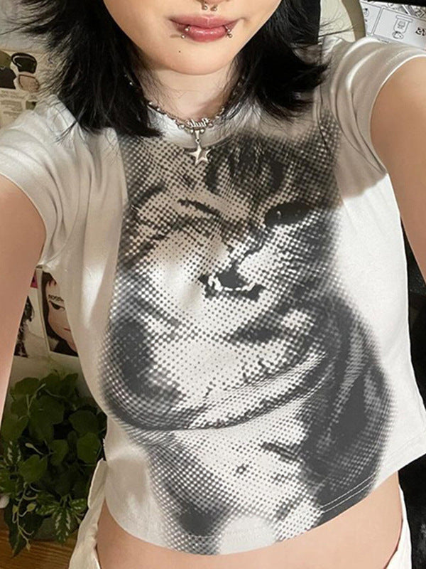 Dame Crop-T-Shirt med kreativt kattemotiv Skovae