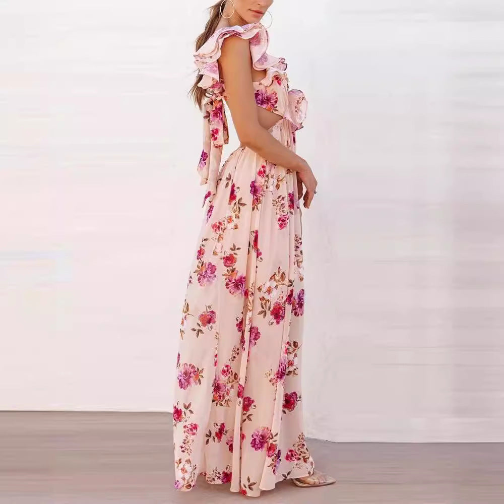 Dame maxikjole med voluminøse flæser og blomsterdesign Stilla
