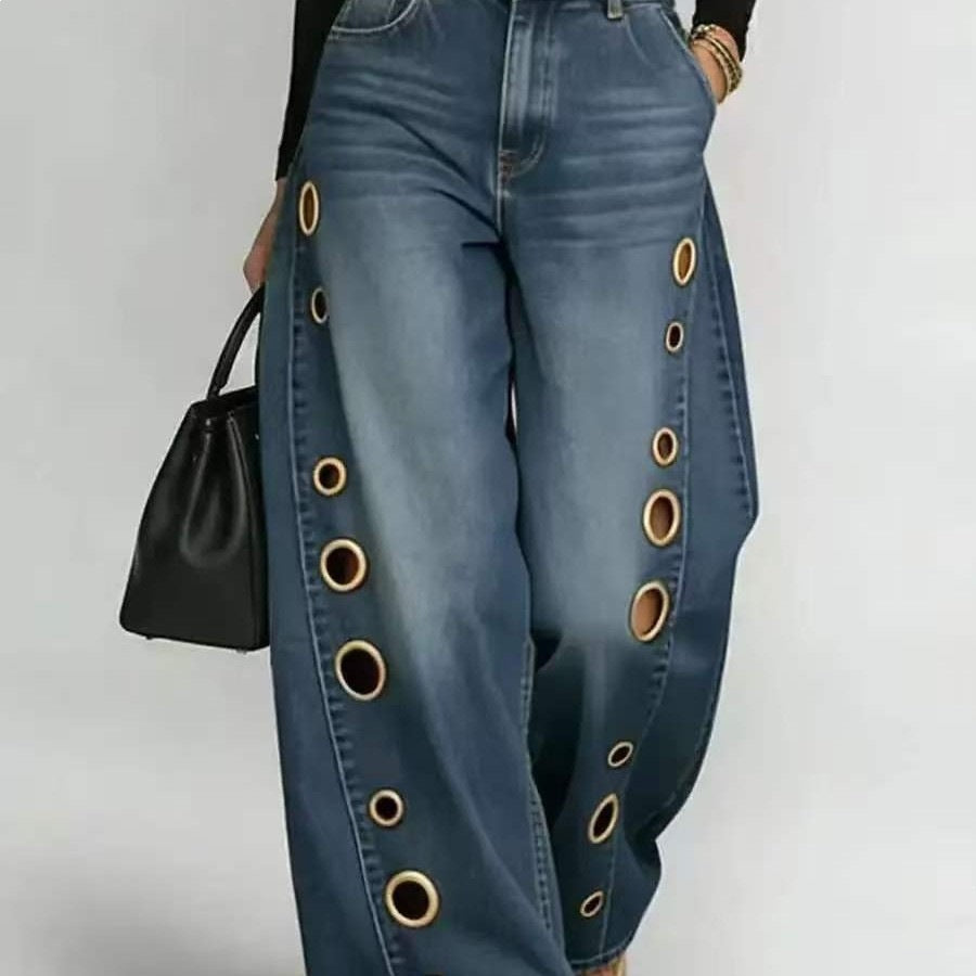 Kvinders brede jeans med dekorative øjer og høj talje Skovae