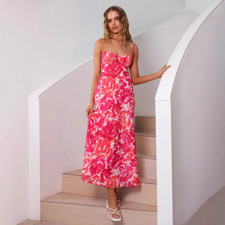 Dame Blomster Maxi Kjole med Rüschaft Stilla
