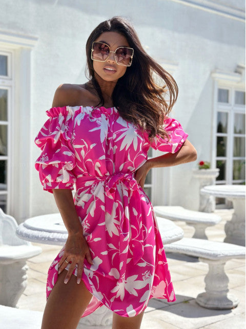 Dame Off-Shoulder Kjole med bindebånd i taljen og blomsterdesign Stilla