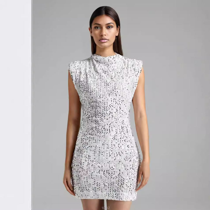 Kvinderne skinnende mini kjole med elegant stående krave og glitrende pailletter