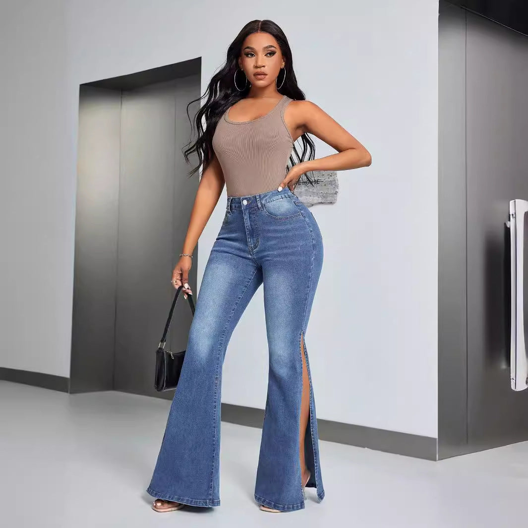 Kvindernes elegante høj talje brede jeans med sideslids Stilla