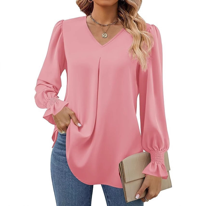 Dame Elegant Bluse med V-udskæring og Pufærmer Stilla