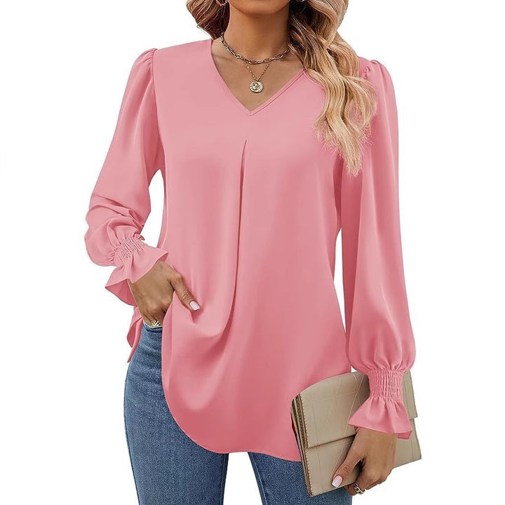 Dame Elegant Bluse med V-udskæring og Pufærmer Stilla