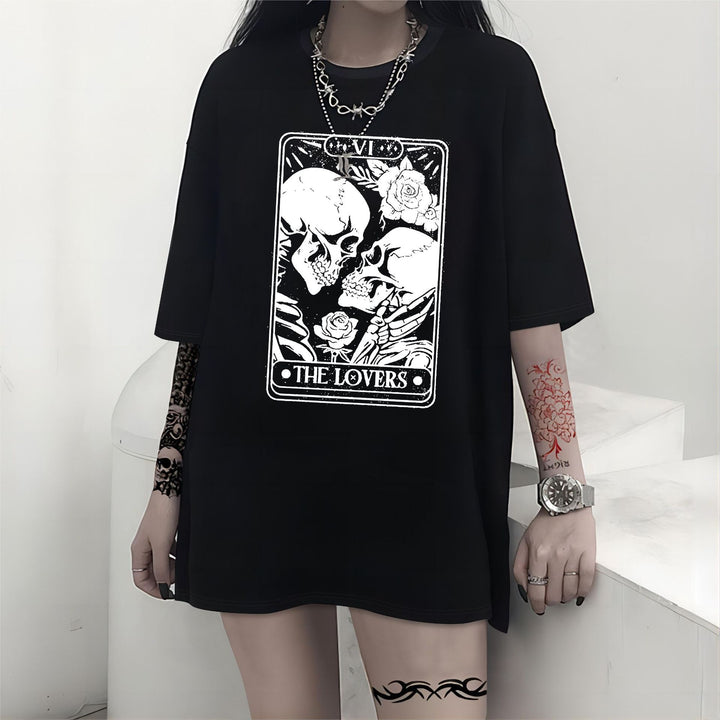 Dame T-shirt med kunstnerisk skeletmotiv og unikt tryk Skovae