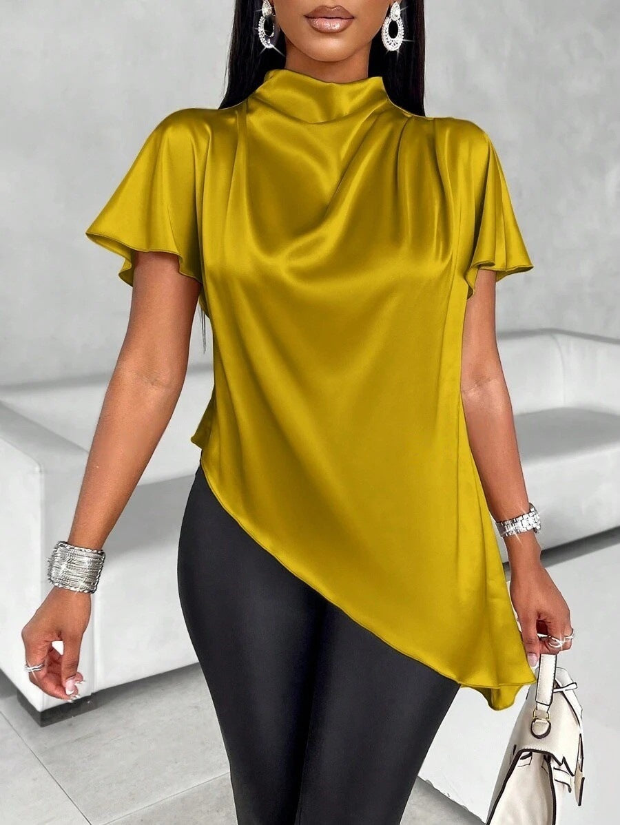 Dame asymmetrisk satin top med elegante puffy ærmer Stilla