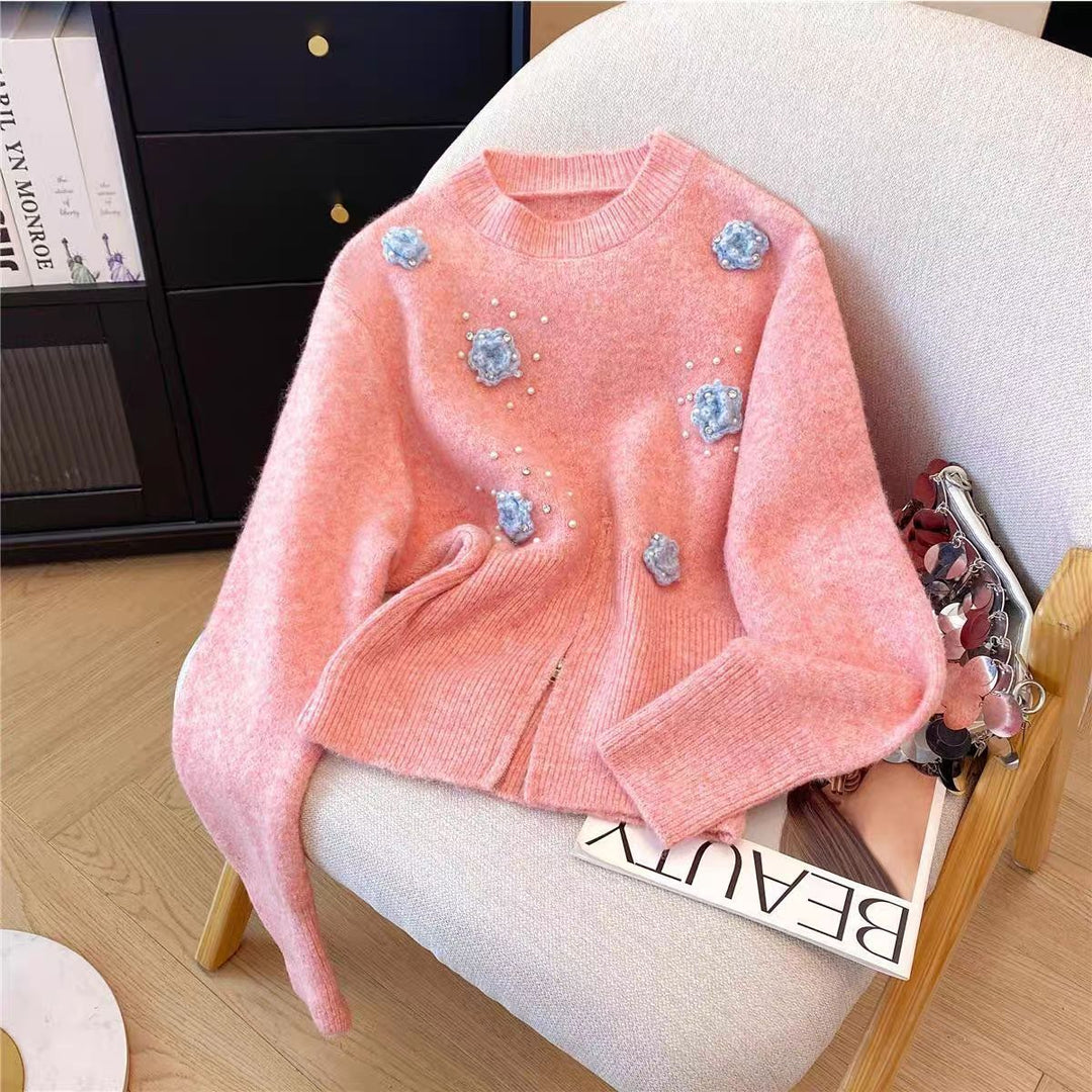Dame sweater med tekstureret blomsterdesign og perle udsmykning Stilla