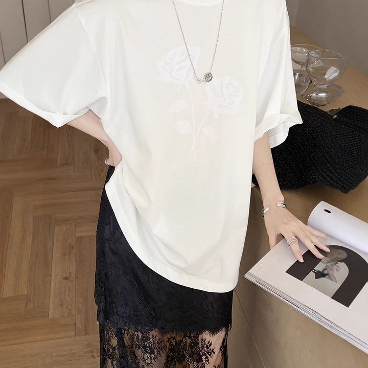 Dame afslappet oversized T-shirt med blomstermotiv Stilla