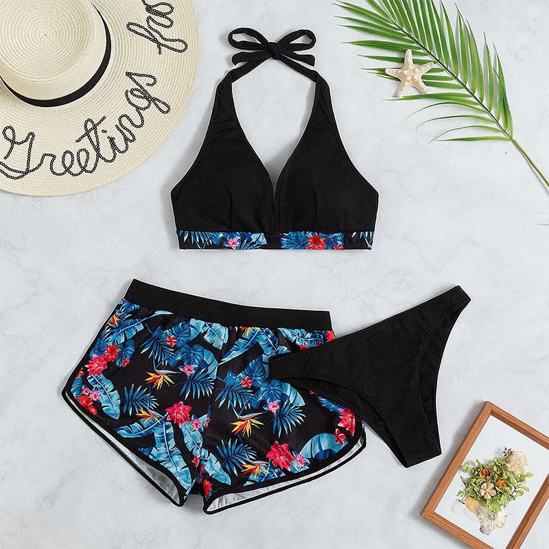 Damer Stilfuld Halter-Bikini-Sæt med mønstrede shorts Stilla