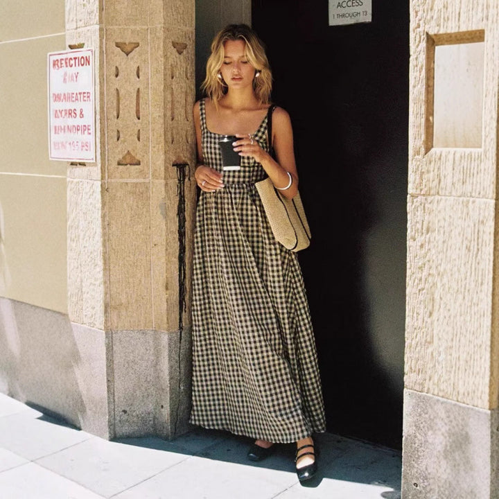 Dame Gingham Ternet Maxi-Kjole med justerbare stropper Stilla
