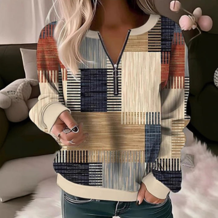 Kvinders sweatshirt med geometrisk grafisk design og høj krave lynlås Stilla