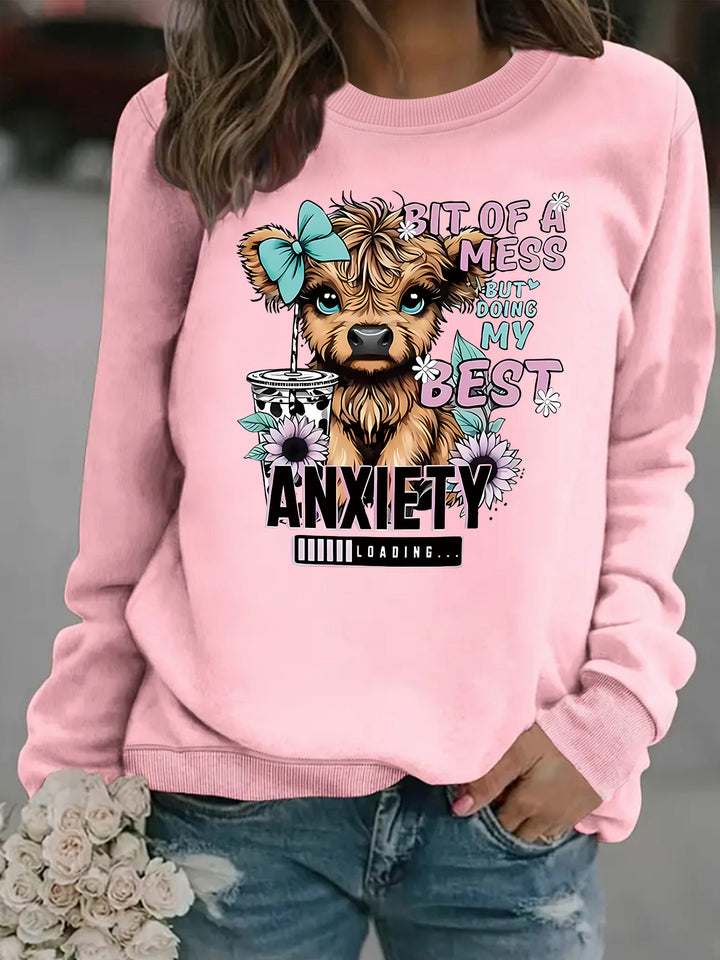 Kvinders sweatshirt med kreativ hundedesign og inspirerende skrift Stilla