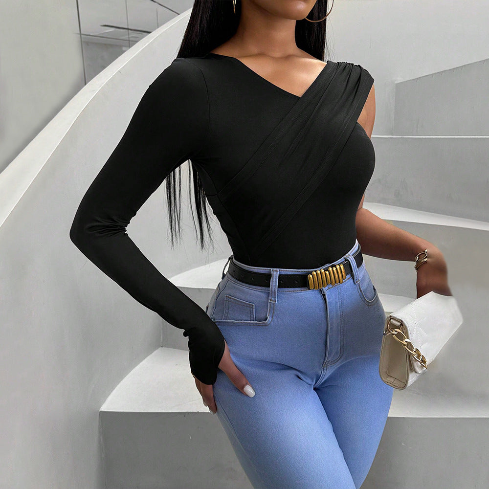 Dame Langærmet Bodysuit med Asymmetrisk Snit og Elegant Twist Design Stilla