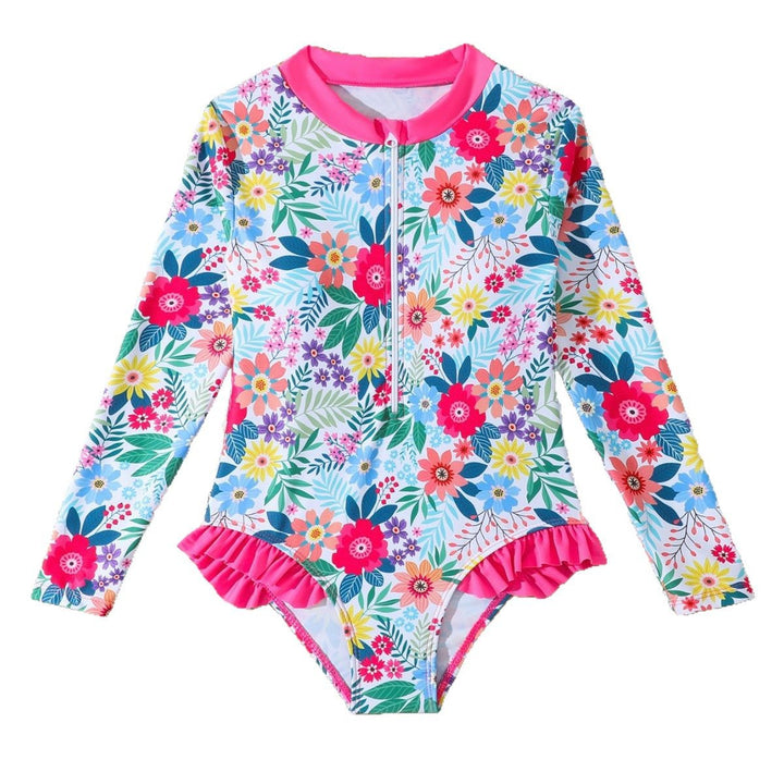 Dame UV-beskyttelse heldragt badedragt med glad blomsterdesign og forlængede ærmer Stilla