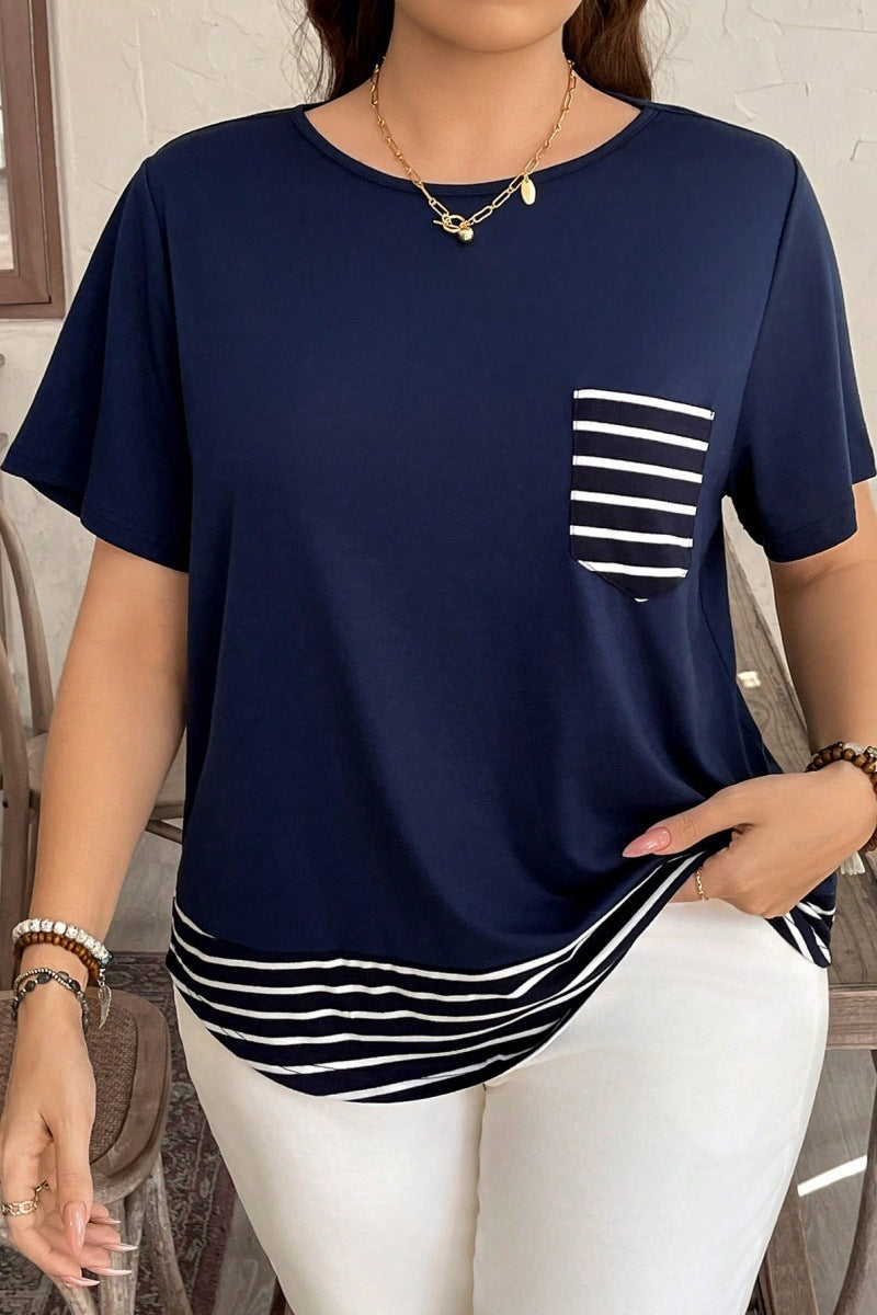 Dame Legeres T-Shirt med stribet kant og brystlomme Stilla
