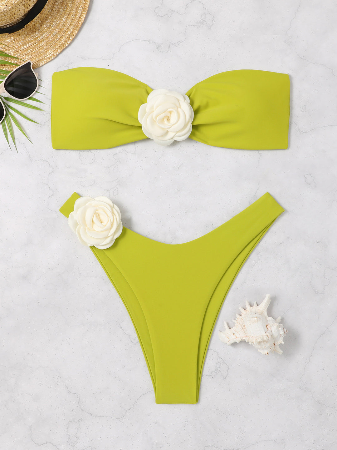 Dame Bandeau-bikini-sæt med blomsterdetalje Skovae