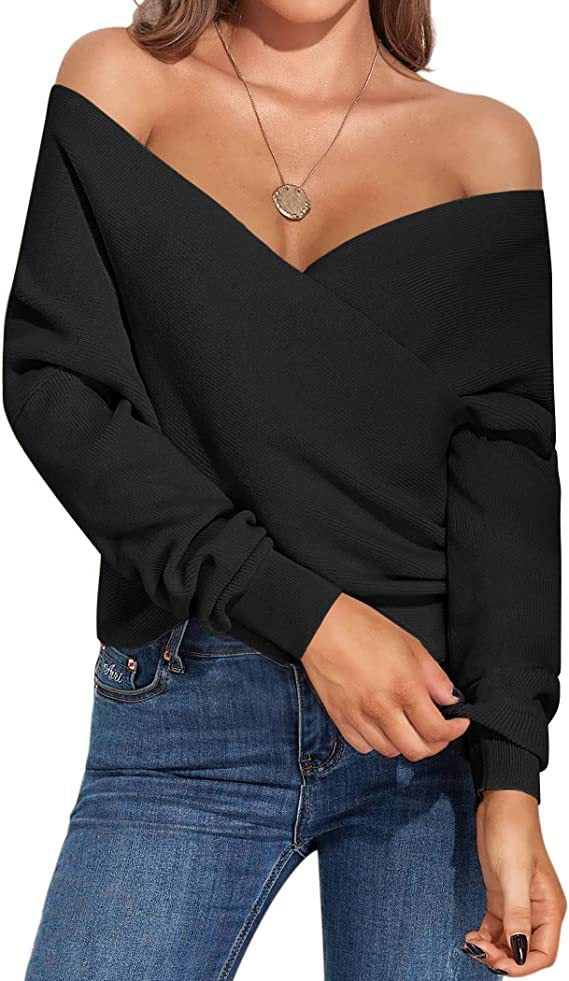 Dame Off-Shoulder Strikketrøje med Wickeldesign Stilla