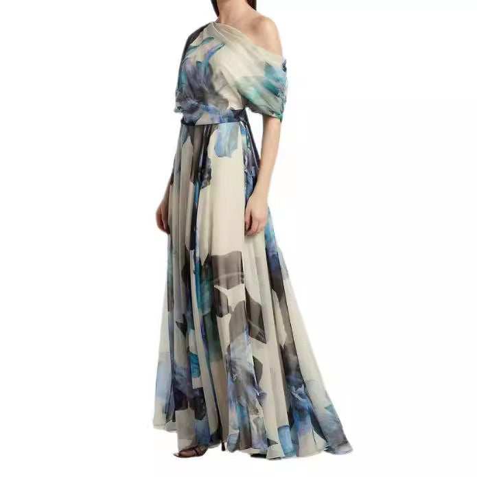Dame maxikjole med floral chiffon og voluminous ærmer Stilla