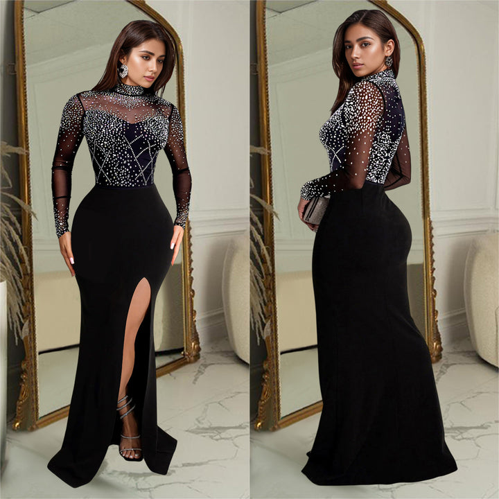 Dame Elegant aftenkjole med dekorative rhinestones-applikationer og nobelt slids Stilla