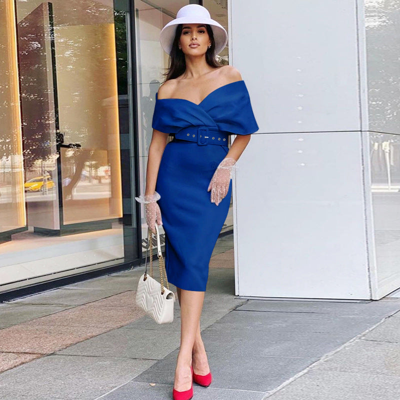 Dame Off-Shoulder Midikjole med Bælte Stilla