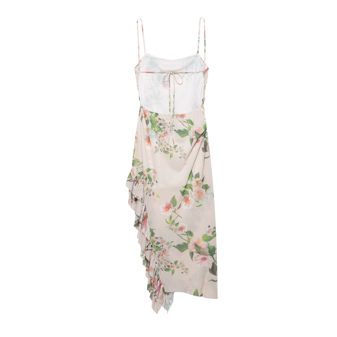 Femme Draped Floral Maxi Kjole med asymmetrisk Volangkant Stilla