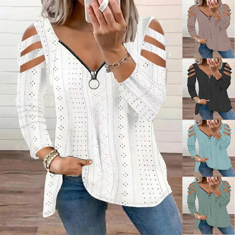 Dame V-hals bluse med cut-out ærmer og lynlås Stilla