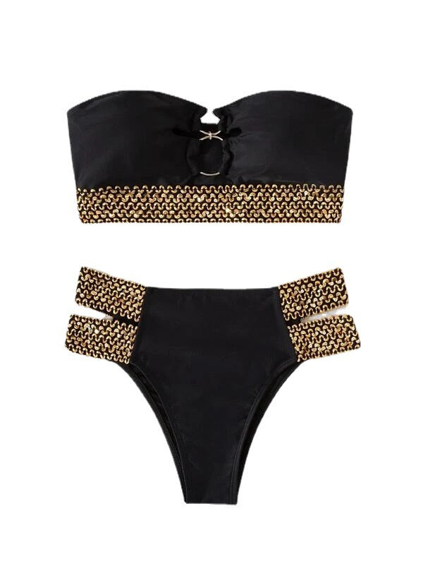 Dame bandeau-bikini med dekorativ skæring og høj talje bund Stilla